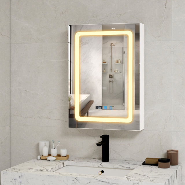 LED Bathroom Mirror Cabinet with Charging, Bathroom Storage Cupboard with Adjustable Shelves