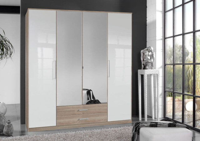 Torrin White Gloss And Oak Effect 4 Door Wardrobe Large Storage Unit With Hanging Rails, Shelves, And Cupboard Space