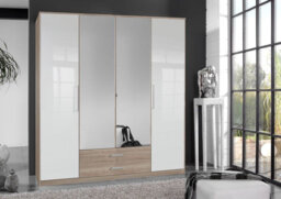 Torrin White Gloss And Oak Effect 4 Door Wardrobe Large Storage Unit With Hanging Rails, Shelves, And Cupboard Space