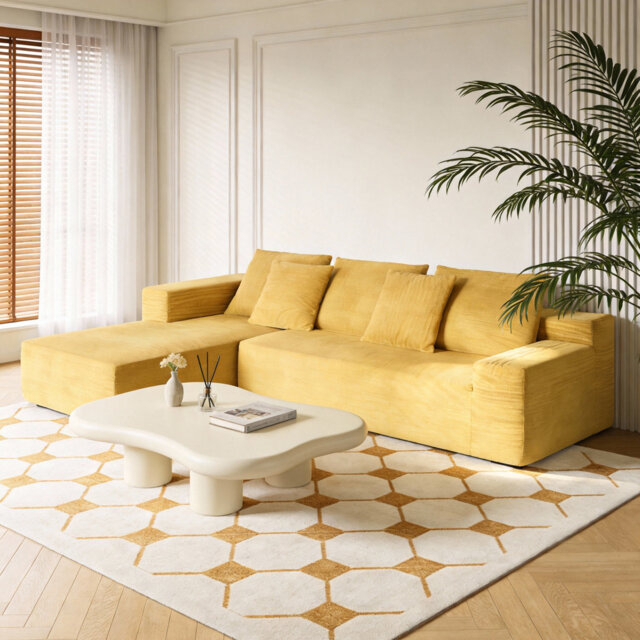 L-shaped Modular Cloud Sofa In A Box, Yellow Velvet Compressed Foam Couch With Boneless Design, Vacuum-packed Modular Sectional For Living Room – Choo