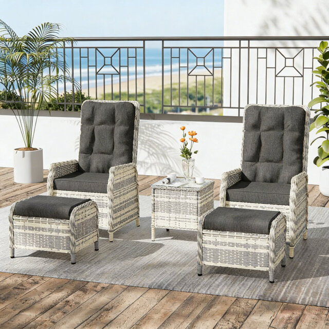 Outdoor Recline Wicker Chairs & Footstool with Cushions (set of 5)