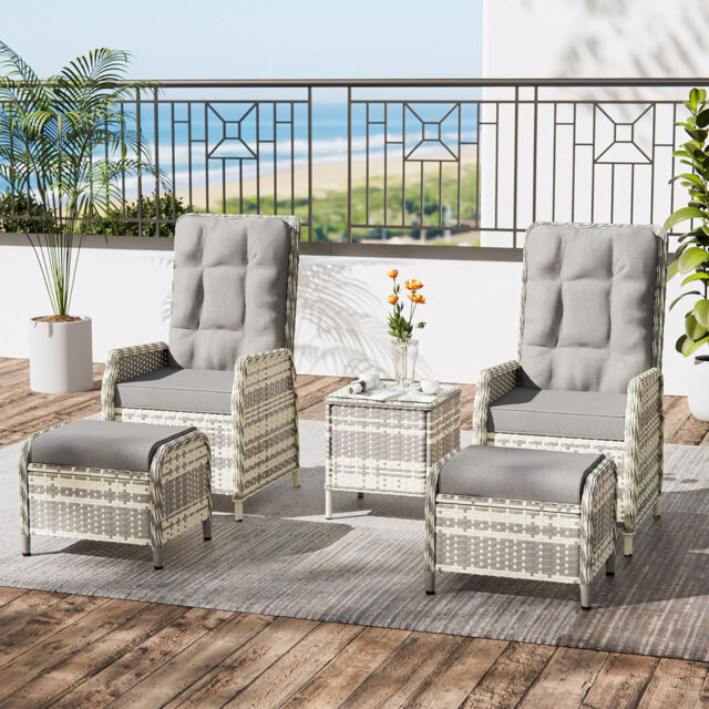 Outdoor Recline Wicker Chairs & Footstool with Cushions (set of 5)