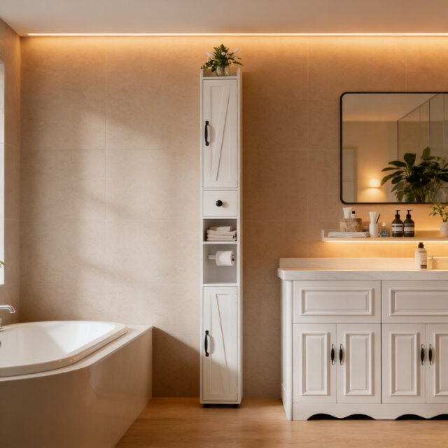Slim Tall Bathroom Storage Cabinet, Freestanding Wooden Linen Tower With Adjustable Shelves, Drawer & Doors, Space-Saving Floor Cabinet For Bathroom,