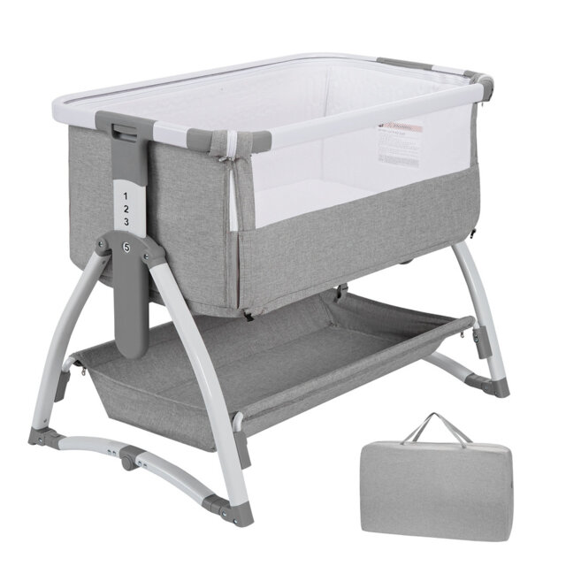 5-in-1 Portable Baby Travel Cot and Bedside Bassinet – Collapsible Crib with Mattress, Rocking Cradle, Diaper Changer, 4 Adjustable Heights (66-82cm),
