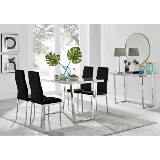 Kylooe Modern Marble and Silver Dining Table Set With 4 Quilted Velvet Dining Chairs