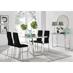 Kylooe Modern Marble and Silver Dining Table Set With 4 Quilted Velvet Dining Chairs