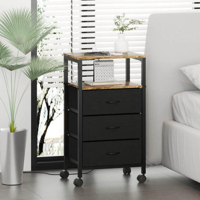 Bedside Table With Charging Station, Night Stand Small Bedside Cabinet With Open Storage Shelf And 3 Fabric Drawers, Side Table With 4 Castors For Bed