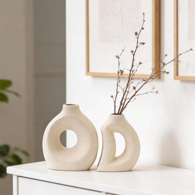 Ceramic Vase Set Of 2, Hollow Out Minimalist Matte Flower Vases For Pampas Grass, Living Room