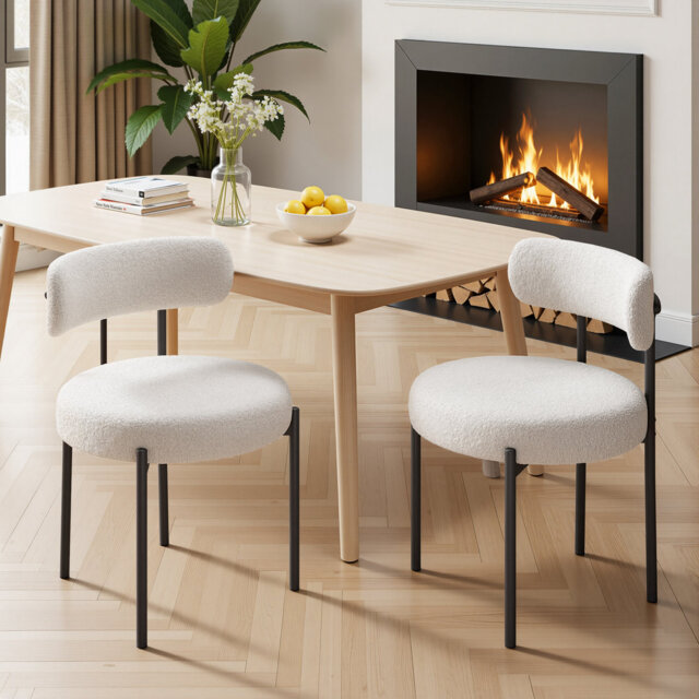 Dining Chairs Modern Teddy Fabric Upholstered Chairs with Curved Backrest and Black Metal Legs
