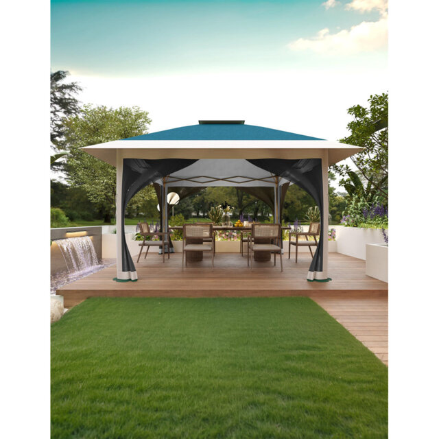 12x12 Pop Up Gazebo Outdoor Canopy Shelter with Mosquito Netting 4 Stanbags Instant Gazebo Tent for Lawn, Garden, Backyard, Deck (Navy Blue + Taupe)