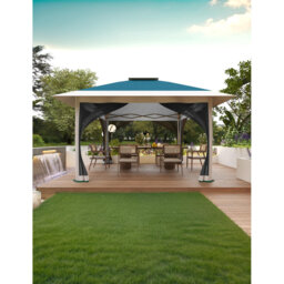 12x12 Pop Up Gazebo Outdoor Canopy Shelter with Mosquito Netting 4 Stanbags Instant Gazebo Tent for Lawn, Garden, Backyard, Deck (Navy Blue + Taupe)
