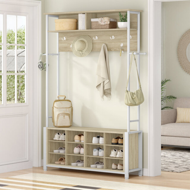 Coat Rack with Shoe Storage, Hall Tree with Bench for Hallway, 14 Open Compartments, Coat Stand with Adjustable Shelves, 13 Hooks, Top Storage for Liv