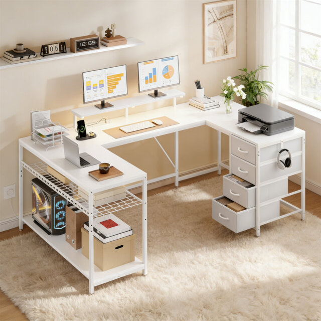 Corner Desk With Drawers, Reversible L Shaped Computer Desk With LED Lights, U Shaped Gaming Table With Power Outlets, Work Desk With PC Stand For Hom