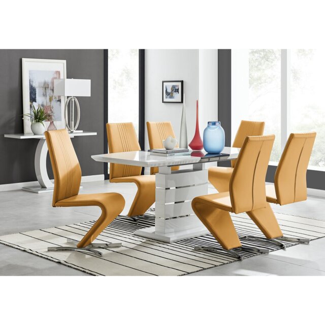Renne Modern High Gloss Extendable Dining Table Set With 6 Modern Design Faux Leather Dining Chairs