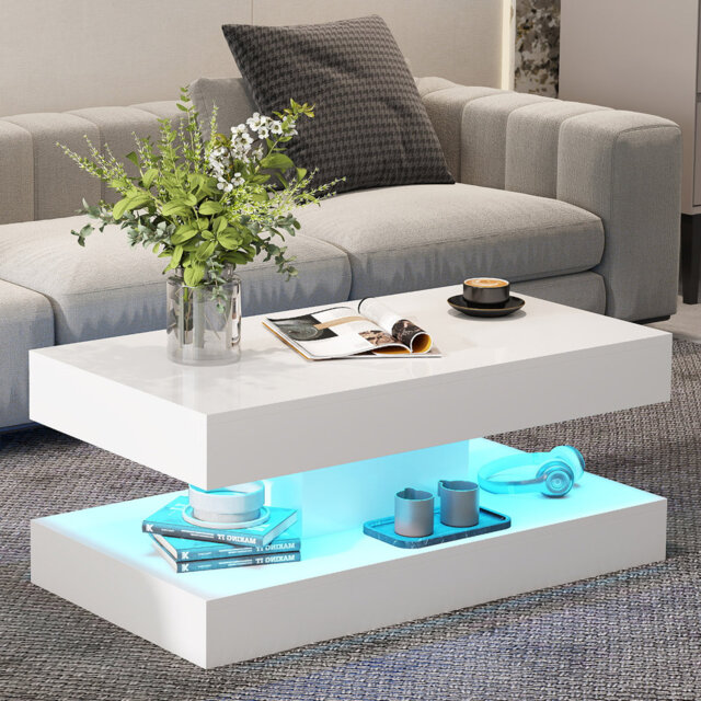 95cm*50cm White High Gloss Coffee Table, Rectangular Wood Coffee Table With 24 Colors Led Light For Living Room