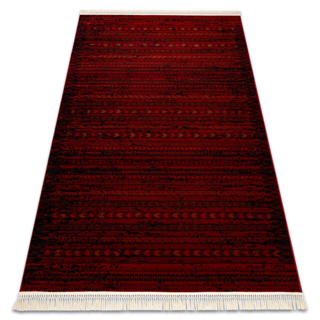 Luca 5820 – Lucaal rug with fringes in burgundy & black – Classic rug with stripe pattern