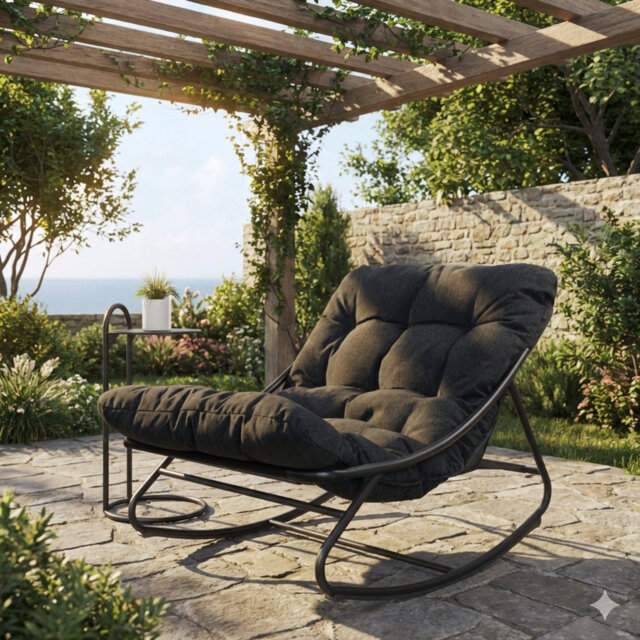 Outdoor Rocking Chair With Side Table And Extra Thick Seat Cushion