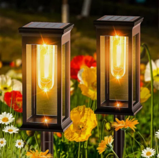 Modern Solar Powered Led Pathway Lights, Waterproof Black Stake Lamps With A Warm White Glow For Gardens & Walkways