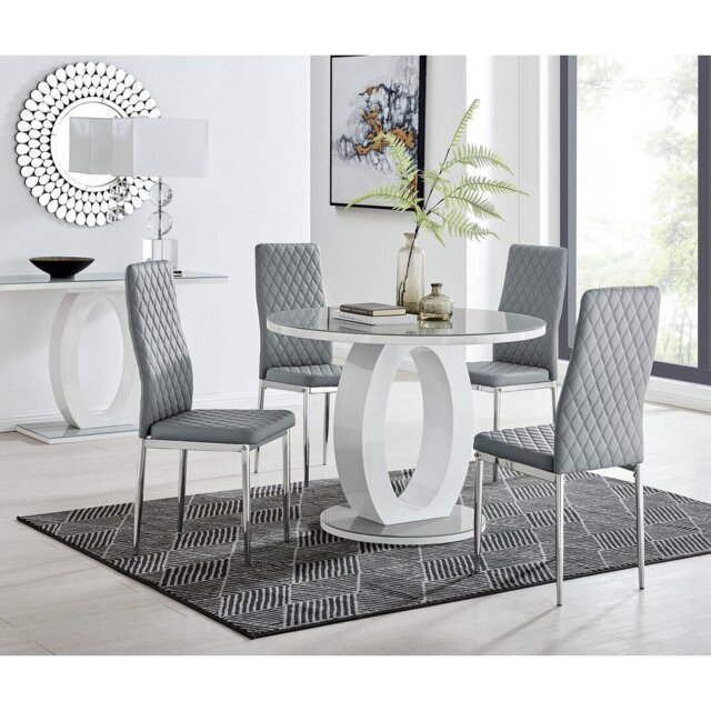 Scottsmoor Halo Round Dining Table Set in Modern High Gloss with 4 Luxury Faux Leather Dining Chairs