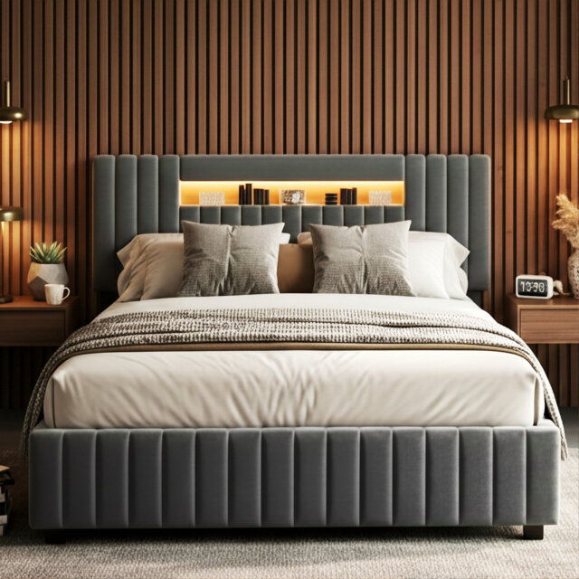 Velvet Ottoman Bed, Smart RGB LED Headboard With Vertical Tufting, European Double (140X200cm) & King (160X200cm) , Grey