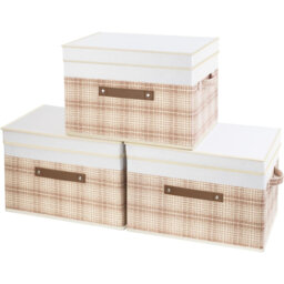 Collapsible Storage Box With Lid, Patchwork Design, Decorative, Fabric Storage Box For Clothes, Wardrobe Storage, 38X25x25 Cm, Set Of 3, Camel Tan