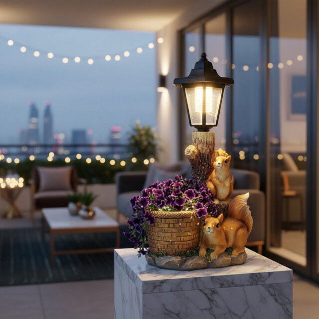 Charming Solar Squirrel Garden Statue with Planter & Lantern