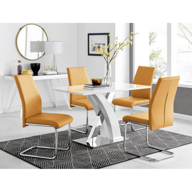 Marietta Chrome Metal and White High Gloss Dining Table Set - 4 Luxury Faux Leather Dining Chairs
