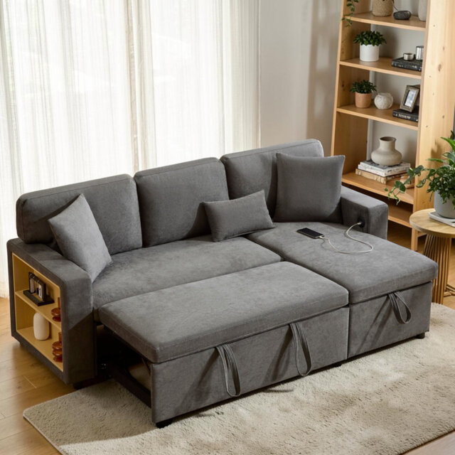 Beige Grey Oxford Cloth Fabric 3 Seater Corner L-Shaped Sofa Bed Couch , Pull Out Sectional Couch Bed with Open Storage, Bed Box and Integrated Shelf