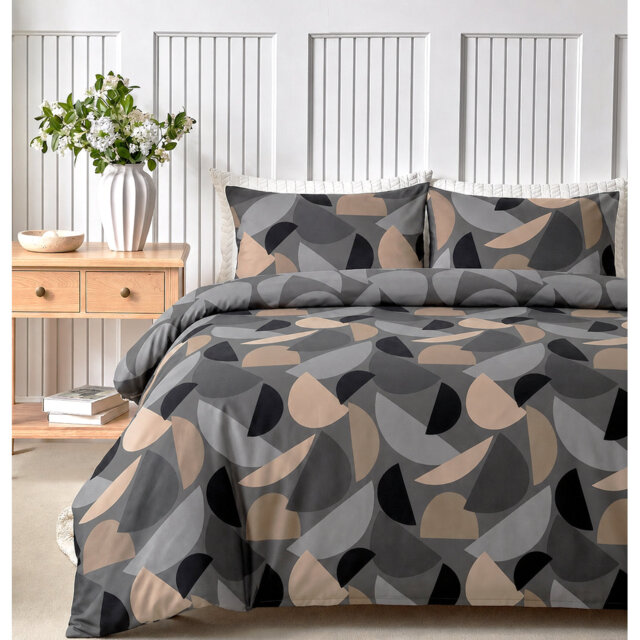 Bodie Charcoal Geometric Duvet Cover Set with Pillowcases — Abstract Graphic Print, Easy Care Polycotton, Sustainable BCI Cotton Bedding