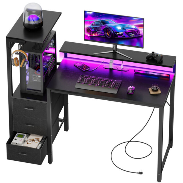 Gaming Desk with LED Lights, Home Office Desk with Built-in Power Outlets, USB Charging, Storage Drawers, Modern Computer Desk with Monitor Stand, PC
