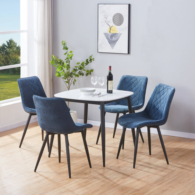 Aspen Sintered Stone Square Table with 4 Diamond Stitch Upholstered Fabric Chairs - Modern Dining Set