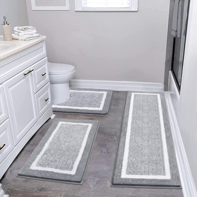 Fluffy Bath Mat Sets 3 Piece, Bath Rugs And Toilet Mats Microfiber Non Slip Washable Bath And Pedestal Mat Sets Water Absorbent Bathroom Floor Carpet