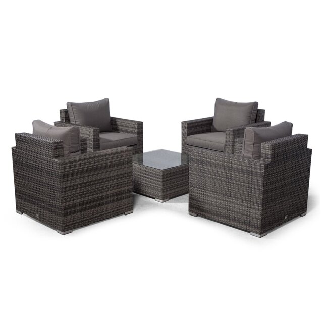 Villatoro Grey Rattan 4 X Armchairs With Square Coffee Table, Outdoor Patio Garden Furniture