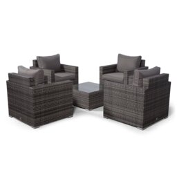 Villatoro Grey Rattan 4 X Armchairs With Square Coffee Table, Outdoor Patio Garden Furniture