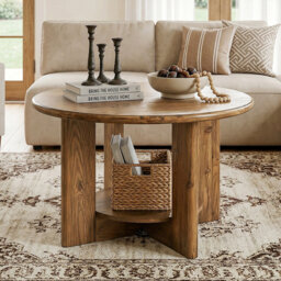 Solid Wood Round Coffee Table With 2-tier Storage