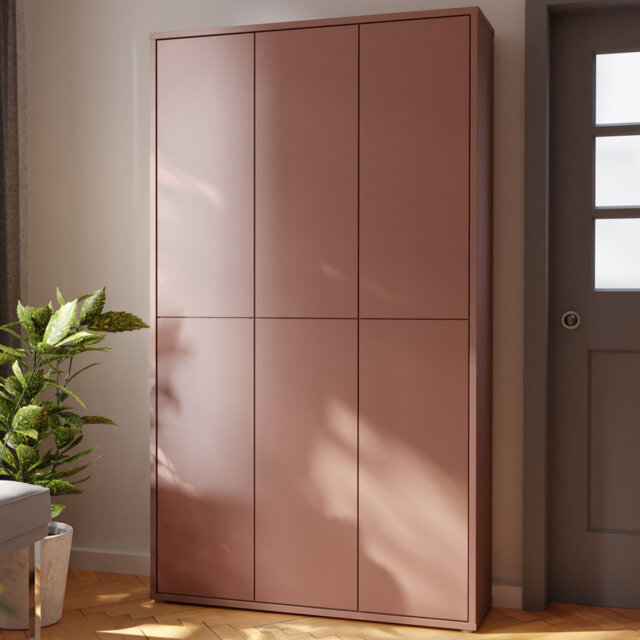 Modern minimalistic shoe cabinet with 6 doors, entryway cabinet, engineered wood, terracotta, 109.2 cm W x 191.9 cm H x 34.9 cm D