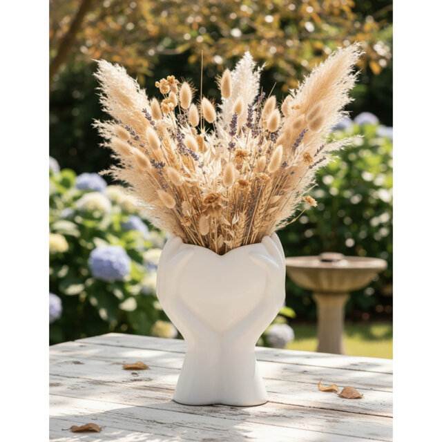 "8"" Heart-in-Hands White Ceramic Vase - Cute Modern Small Flower Vase for Pampas Grass Home Table Centerpiece Shelf Mom Gift"