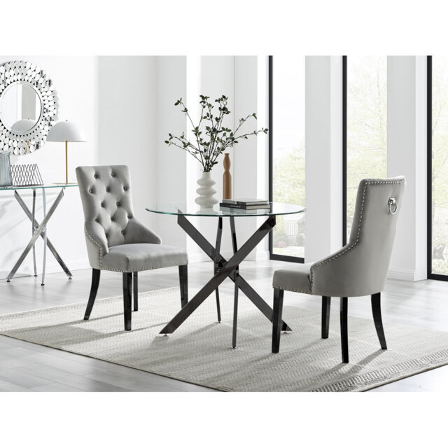 Bernell Glass And Chrome Metal 2 Seat Round Dining Set With Luxury Velvet Dining Chairs