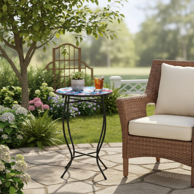 21 Inch Heigh Weather Resistant Metal Round Outdoor Indoor End Table, Easy Assemble
