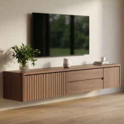 Floating Tv Unit Wall Mounted With Door Tv Cabinet Stand Completely Assembled Living Room Tv Media Console (Walnut, 180cm)