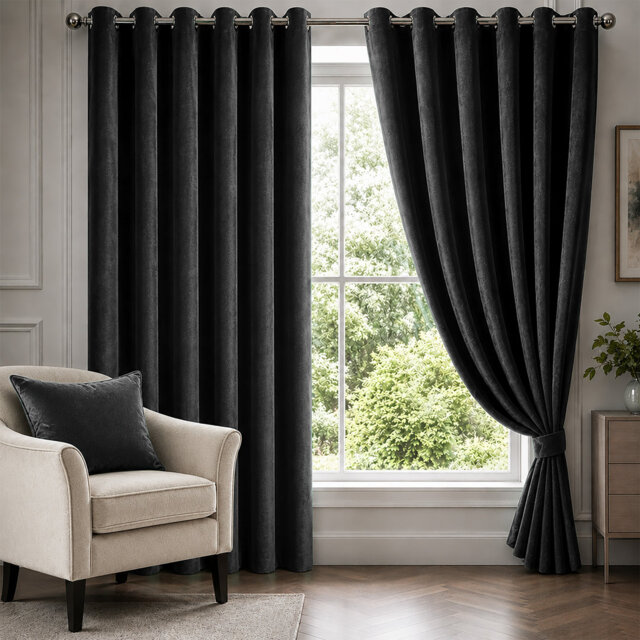 Charcoal Velvet Eyelet Curtains Room Darkening Window Panels Soft Touch Pair