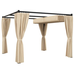 3 x 3m Retractable Roof Pergola Gazebo with Side Curtains, Outdoor Patio Shelter with Anti-Rust Metal Frame for Garden Deck, Beige
