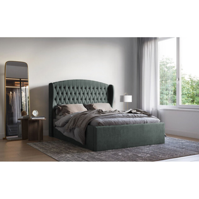 Medau Velvet Upholstered Bed Frame - Padded Headboard, Chrome Feet