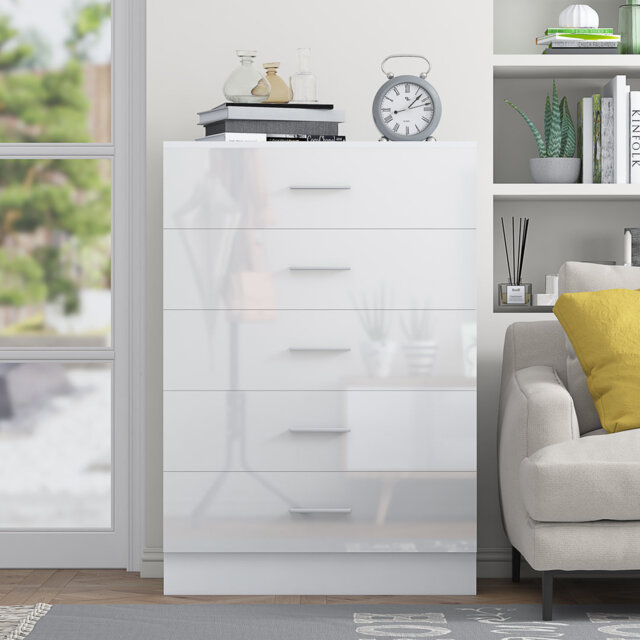 Eva High Gloss 5 Drawer Chest Of Drawers - H: 100cm x D: 40cm x W: 70cm