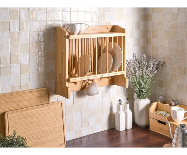 Wall-Mounted Dish Rack MADELEINE Bamboo Light Brown
