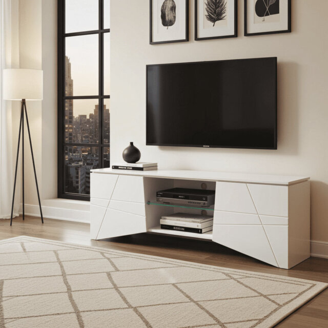 Modern Tv Cabinet Stand White Gloss 168.5cm Wide  With Led Lights, Doors, And Drawer