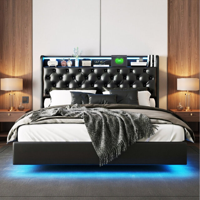 Floating Ottoman Bed With LED Lights & Hidden Headboard Storage, European Double & King Size Faux Leather Frame With USB-C, Black