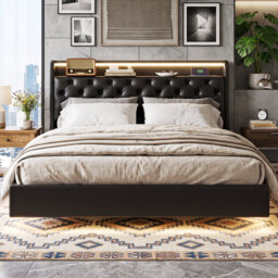 Floating Ottoman Bed With LED Lights & Hidden Headboard Storage, Faux Leather Frame With USB-C, Black, European Double & King Size