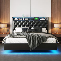 Floating Ottoman Bed With LED Lights & Hidden Headboard Storage, European Double & King Size Faux Leather Frame With USB-C, Black