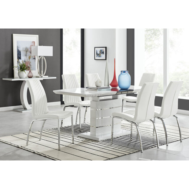 Renne Modern High Gloss Extendable Dining Table Set With 6 Soft Touch Faux Leather Dining Chairs